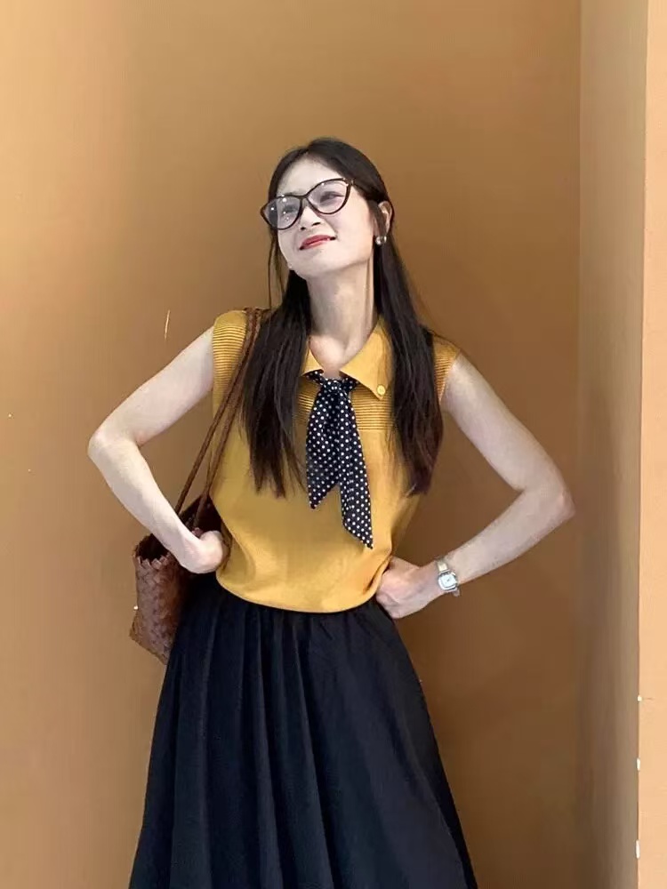 絕美巨好看黃色絲巾polo領針織無袖背心女夏冰絲坎肩外穿T恤上衣