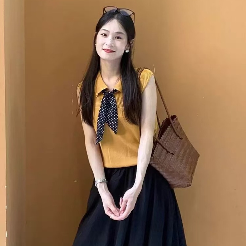 絕美巨好看黃色絲巾polo領針織無袖背心女夏冰絲坎肩外穿T恤上衣
