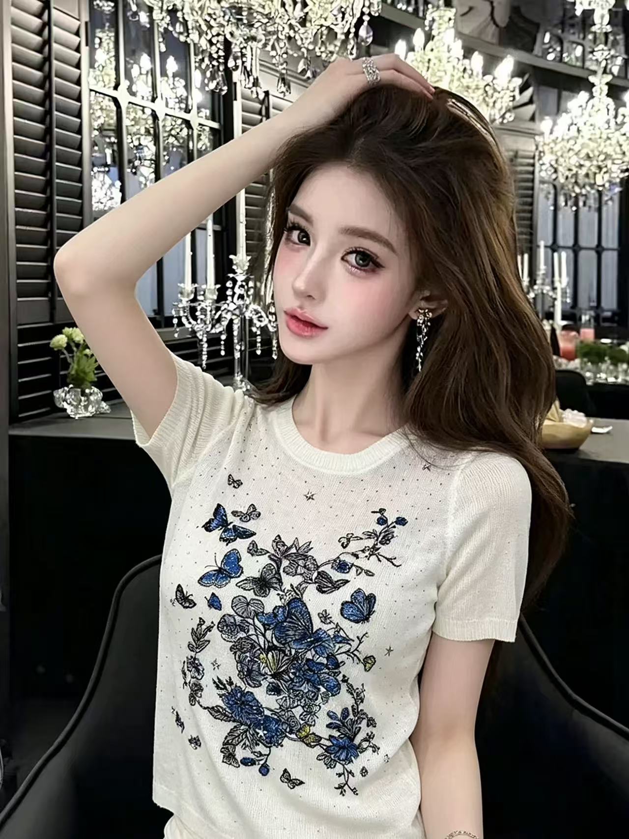 LYM STudio    法式小香風蝴蝶花卉刺繡T恤女短袖圓領針織衫上衣