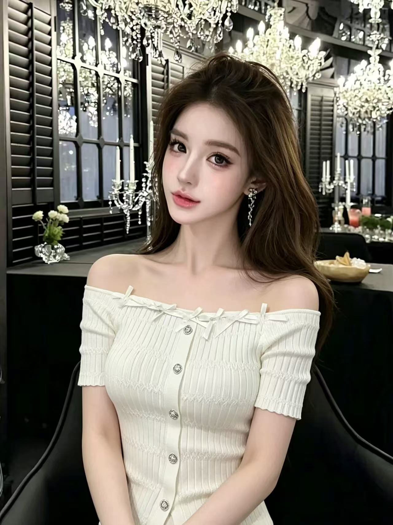LYM STudio     一字肩蝴蝶結針織衫女白色短袖輕熟優雅氣質上衣