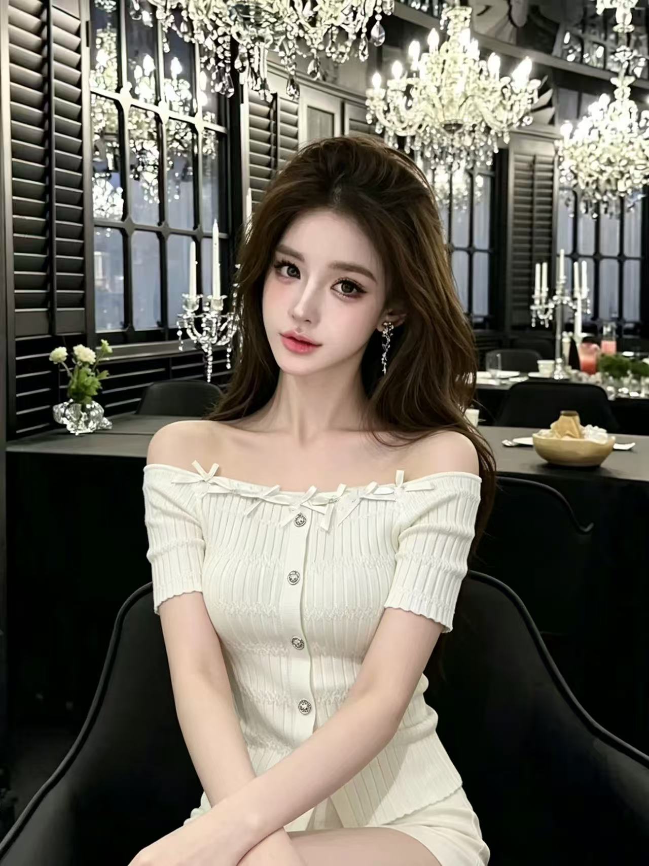 LYM STudio     一字肩蝴蝶結針織衫女白色短袖輕熟優雅氣質上衣