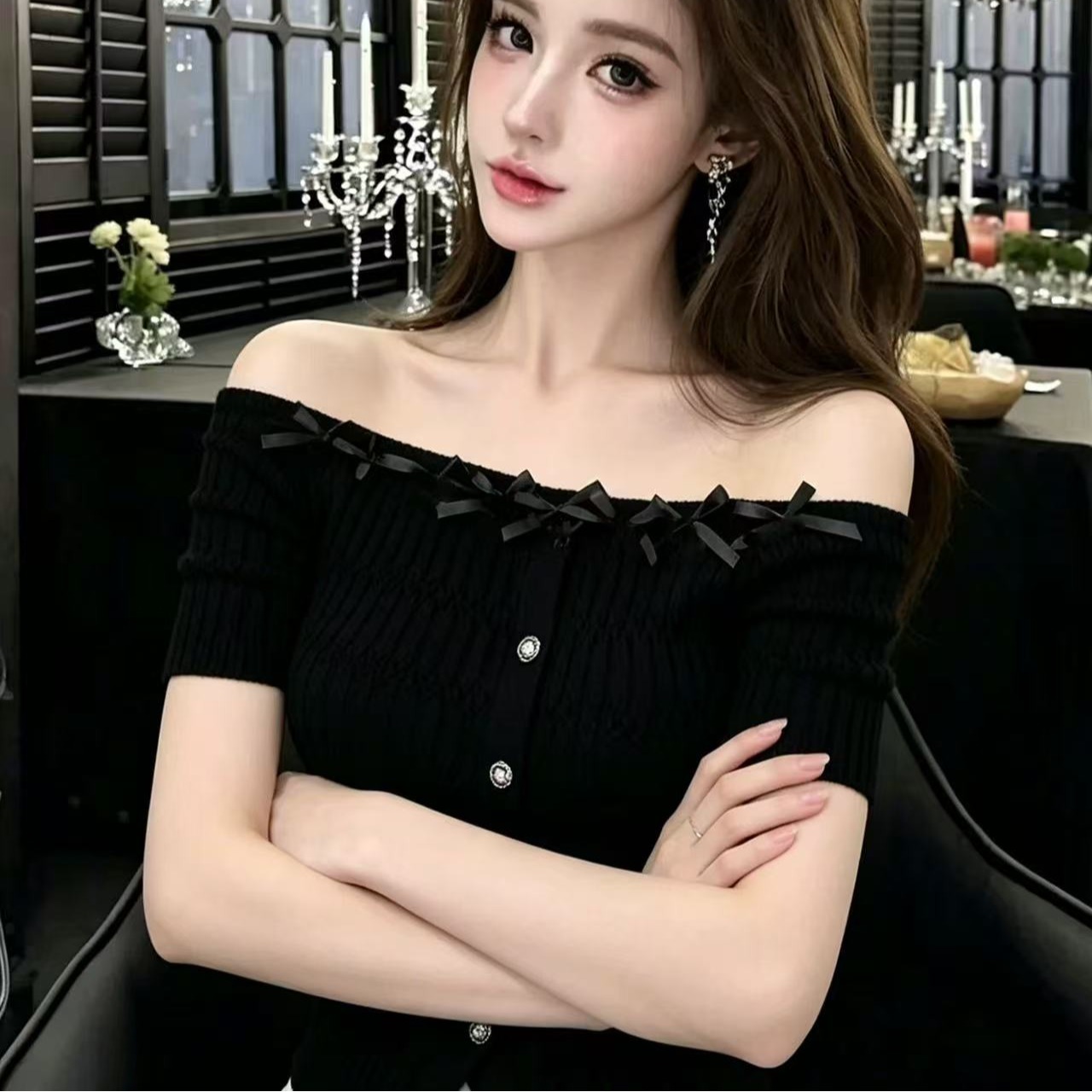 LYM STudio     一字肩蝴蝶結針織衫女白色短袖輕熟優雅氣質上衣