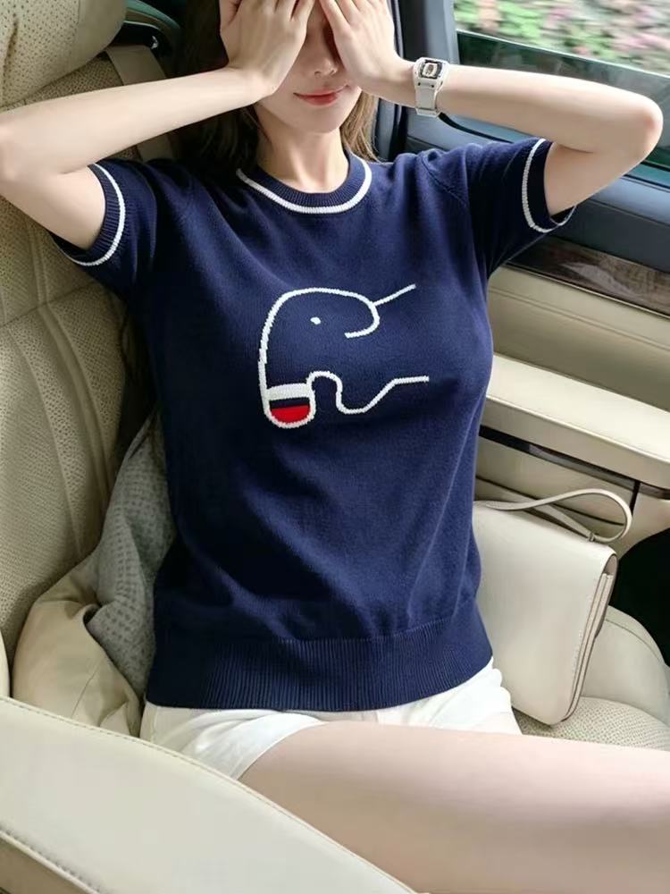 RETROI STUDIO法式溫柔風撞色邊童趣線條圖案顯瘦氣質短袖T恤女