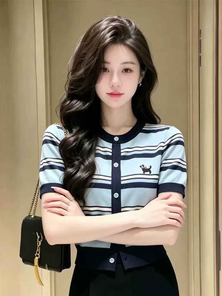 韓系撞色條紋針織開衫短袖女2026夏季新款圓領紐扣輕奢風顯瘦上衣