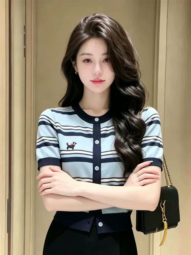 韓系撞色條紋針織開衫短袖女2026夏季新款圓領紐扣輕奢風顯瘦上衣