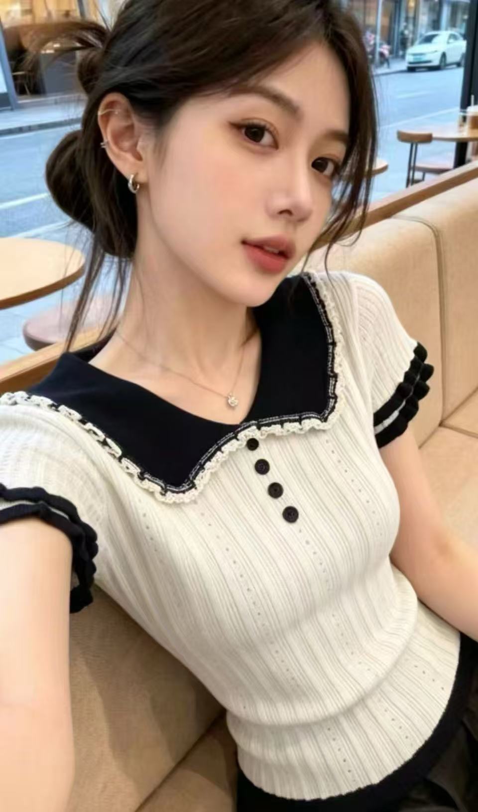 撞色花邊娃娃領短袖針織衫女夏季新款溫柔風甜美百搭修身短款上衣