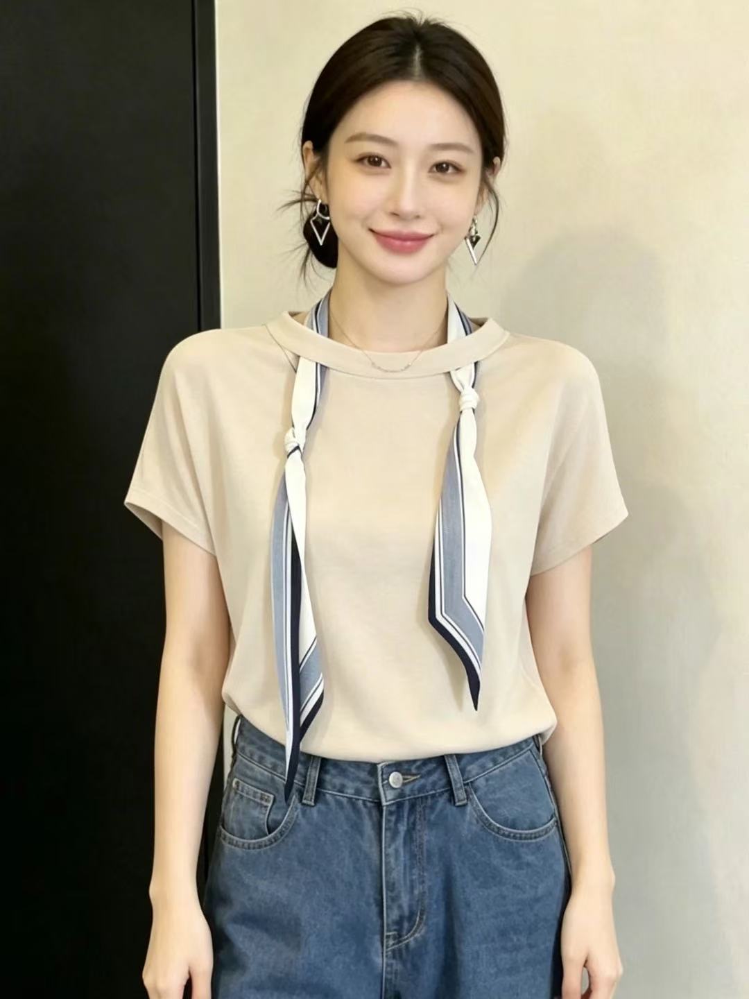 法式絲巾圓領短袖針織衫女2026夏季新款設計感別致小眾顯瘦上衣潮