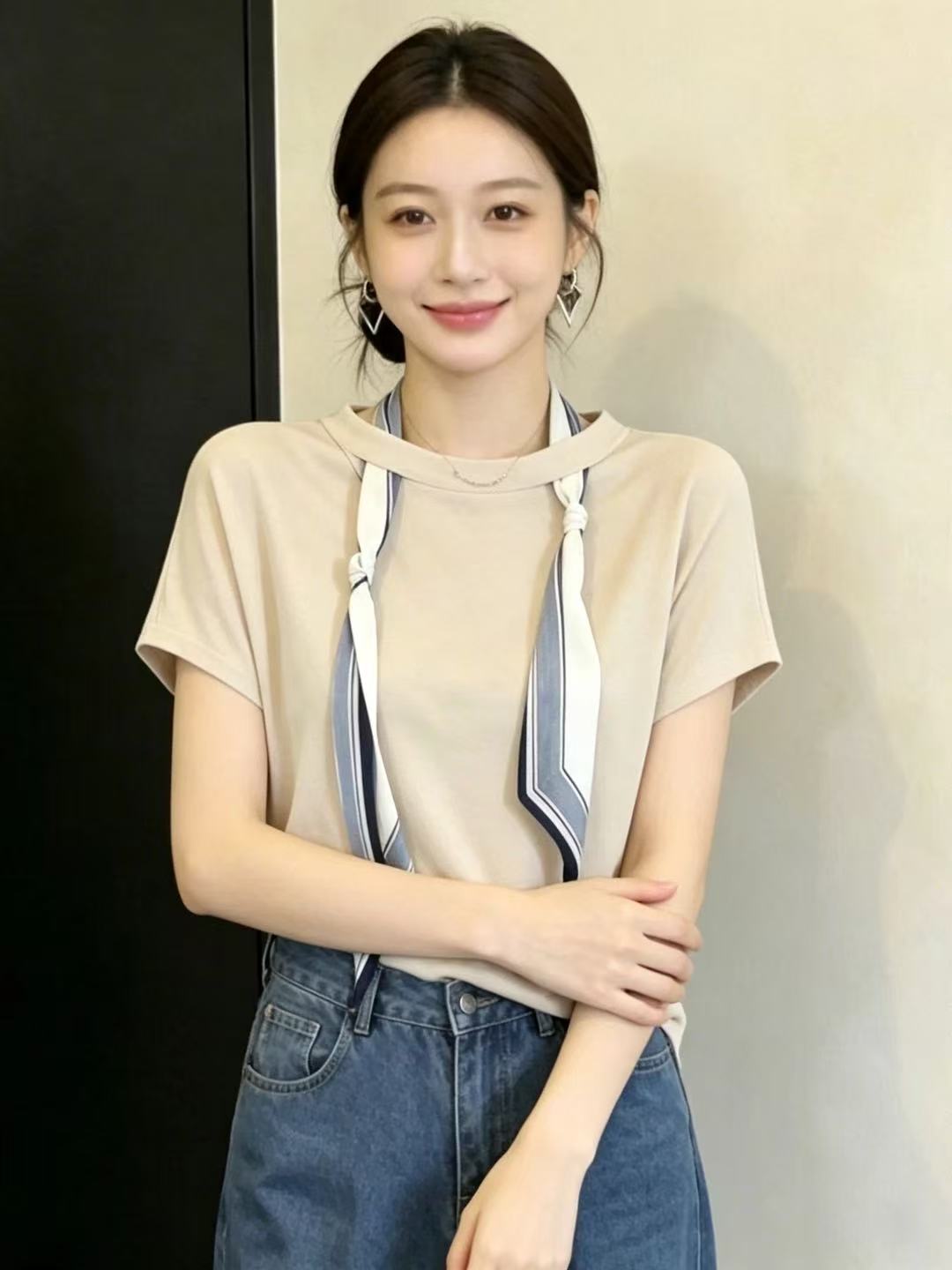 法式絲巾圓領短袖針織衫女2026夏季新款設計感別致小眾顯瘦上衣潮