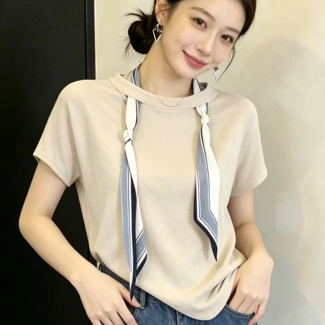 法式絲巾圓領短袖針織衫女2026夏季新款設計感別致小眾顯瘦上衣潮