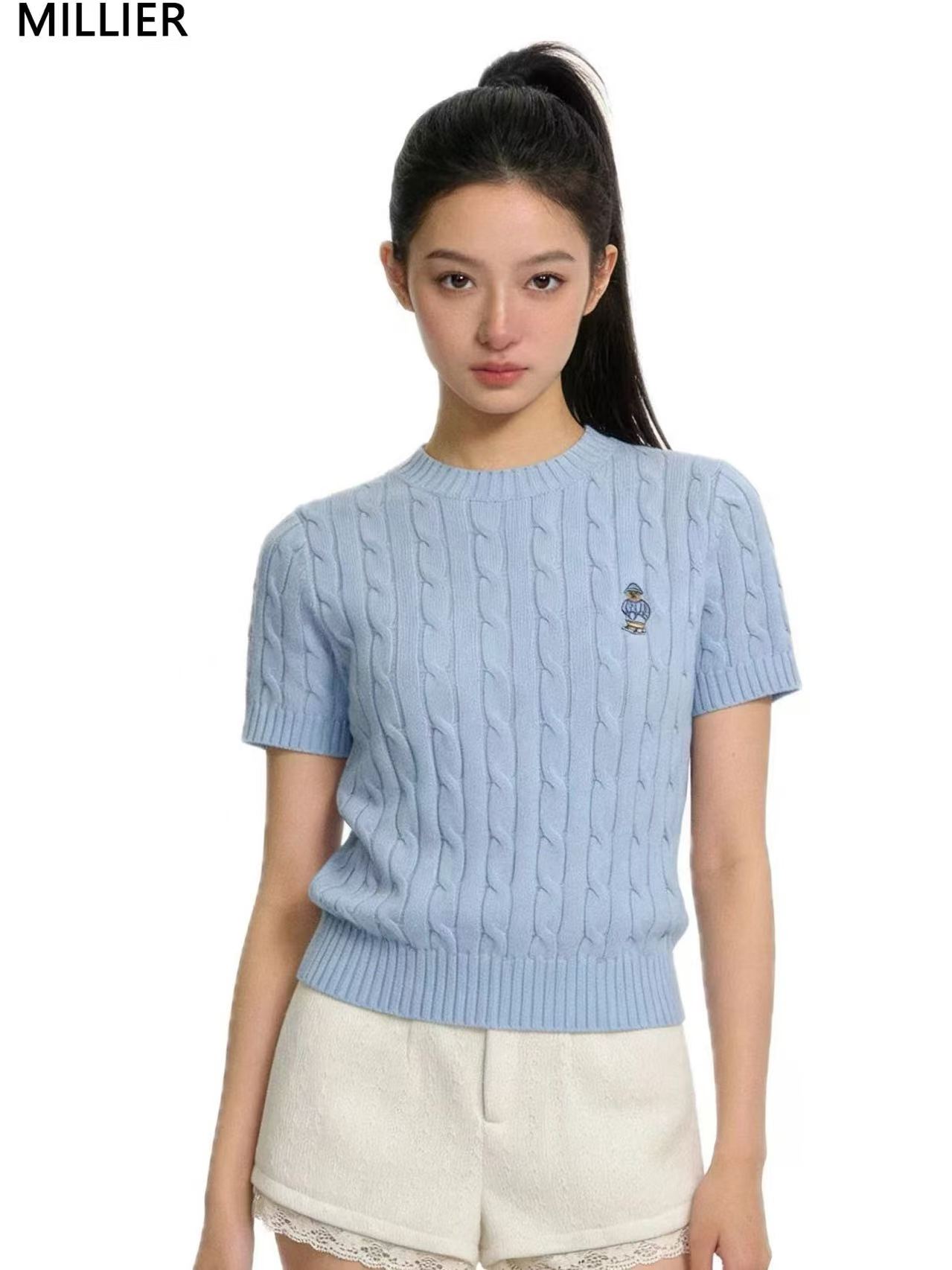 MILLIER老錢學院風小熊刺繡麻花針織衫女短袖圓領修身顯瘦毛衣