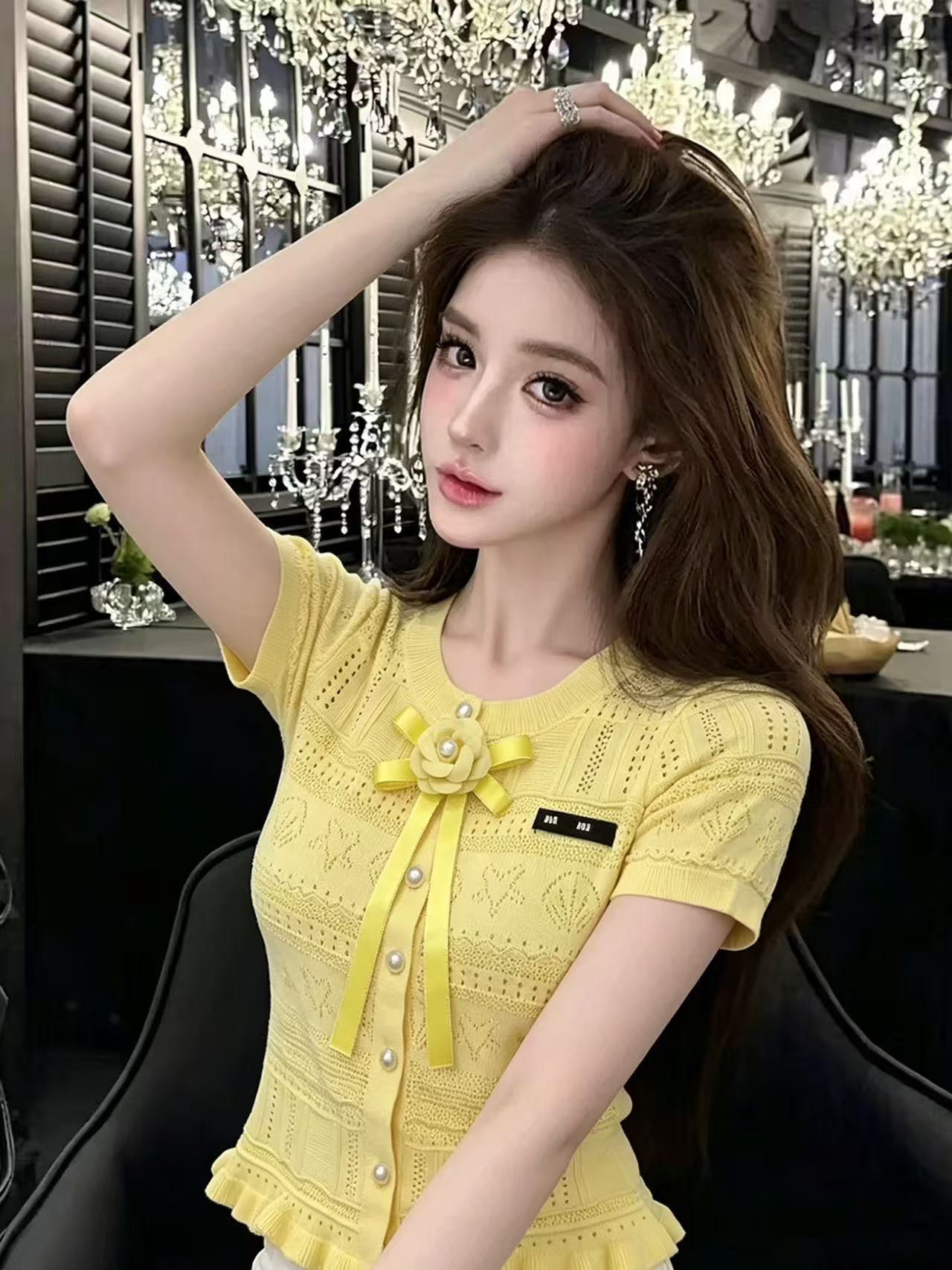 LYM STudio     白色蝴蝶結系帶短袖針織衫女修身顯瘦氣質上衣潮
