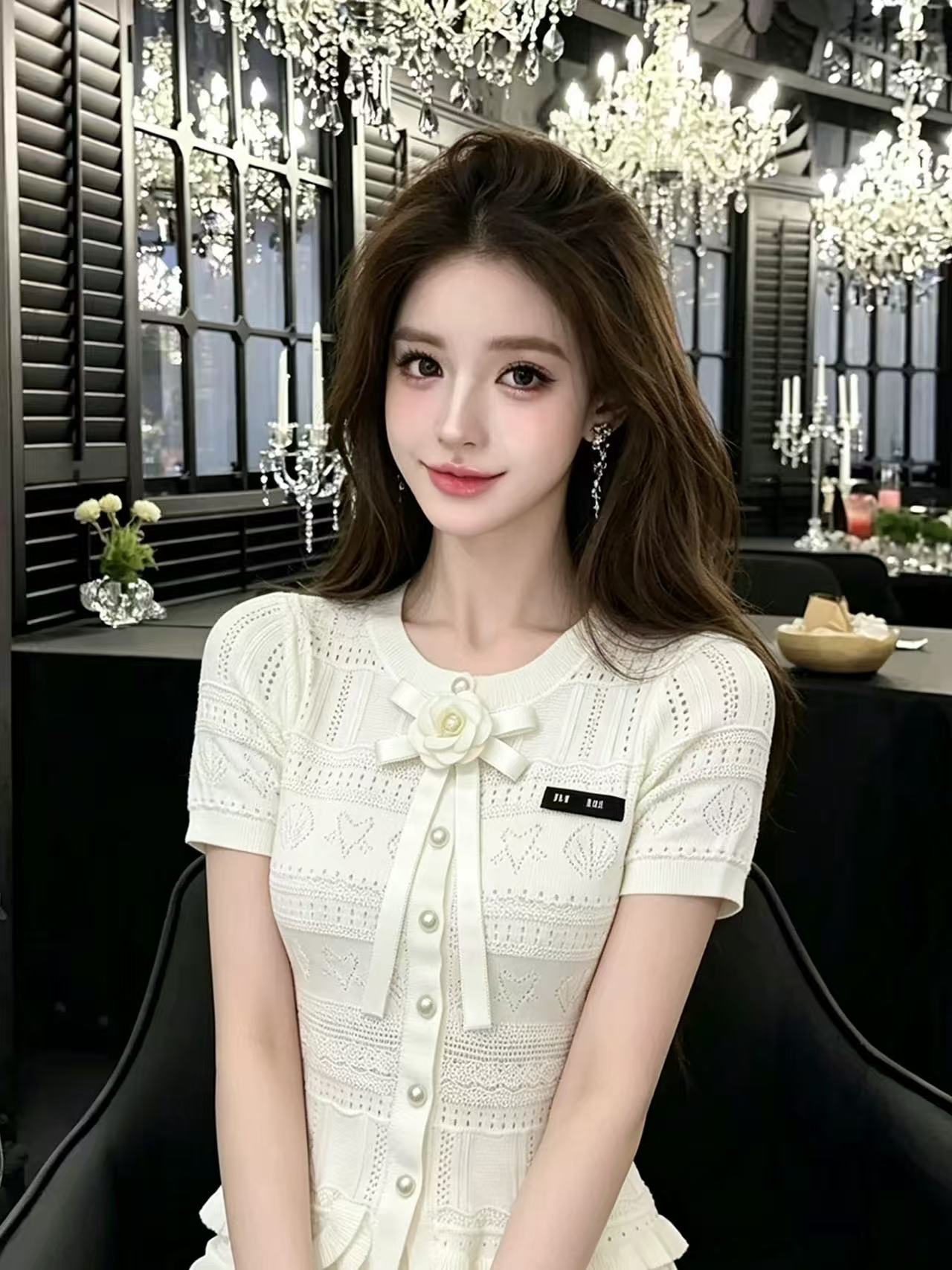LYM STudio     白色蝴蝶結系帶短袖針織衫女修身顯瘦氣質上衣潮