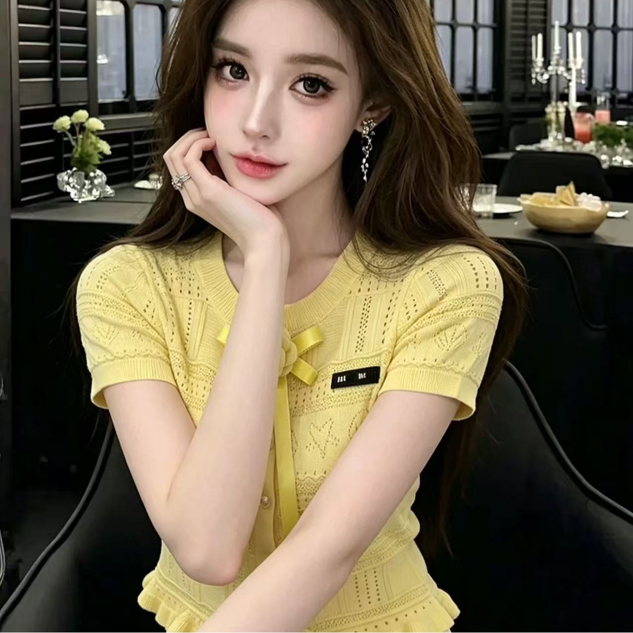 LYM STudio     白色蝴蝶結系帶短袖針織衫女修身顯瘦氣質上衣潮