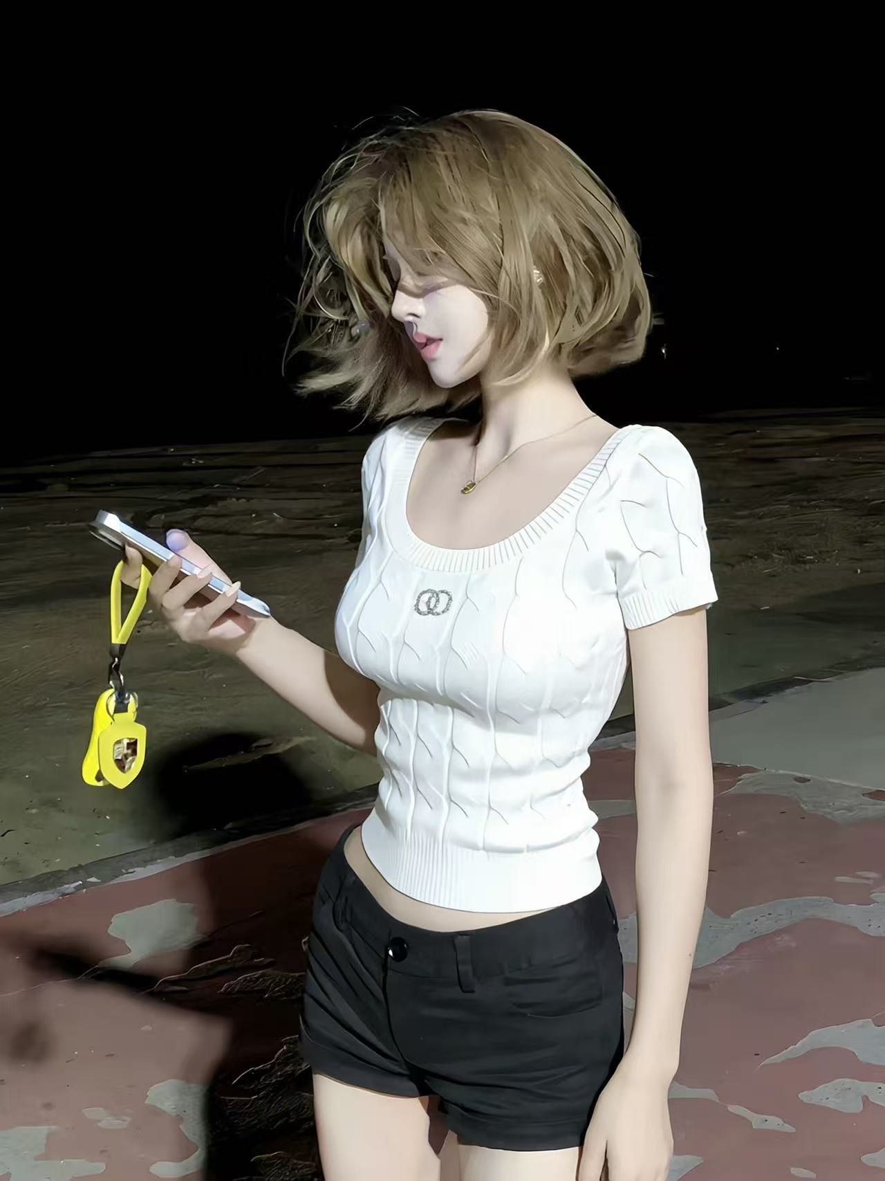 LYM STudio   粉色短袖針織衫女夏季修身短款麻花紋理氣質上衣潮