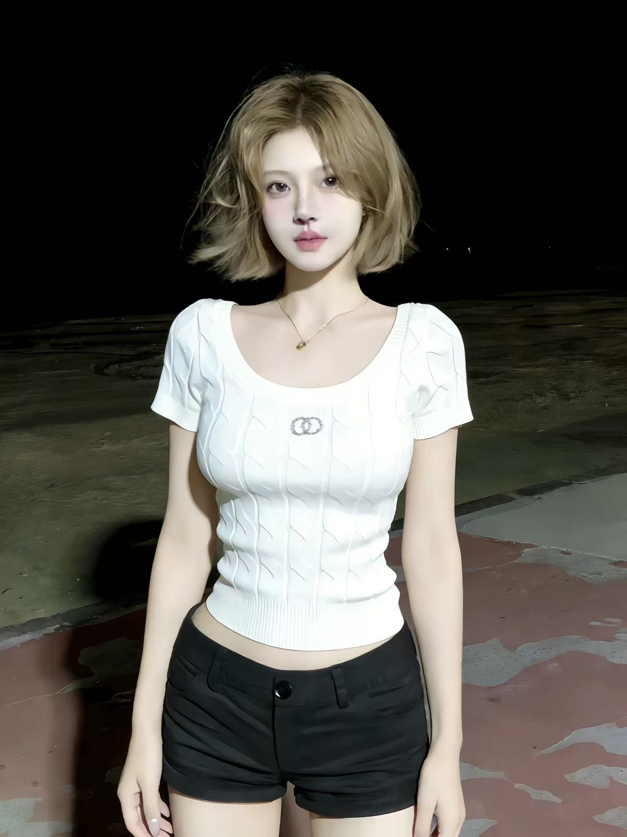 LYM STudio   粉色短袖針織衫女夏季修身短款麻花紋理氣質上衣潮
