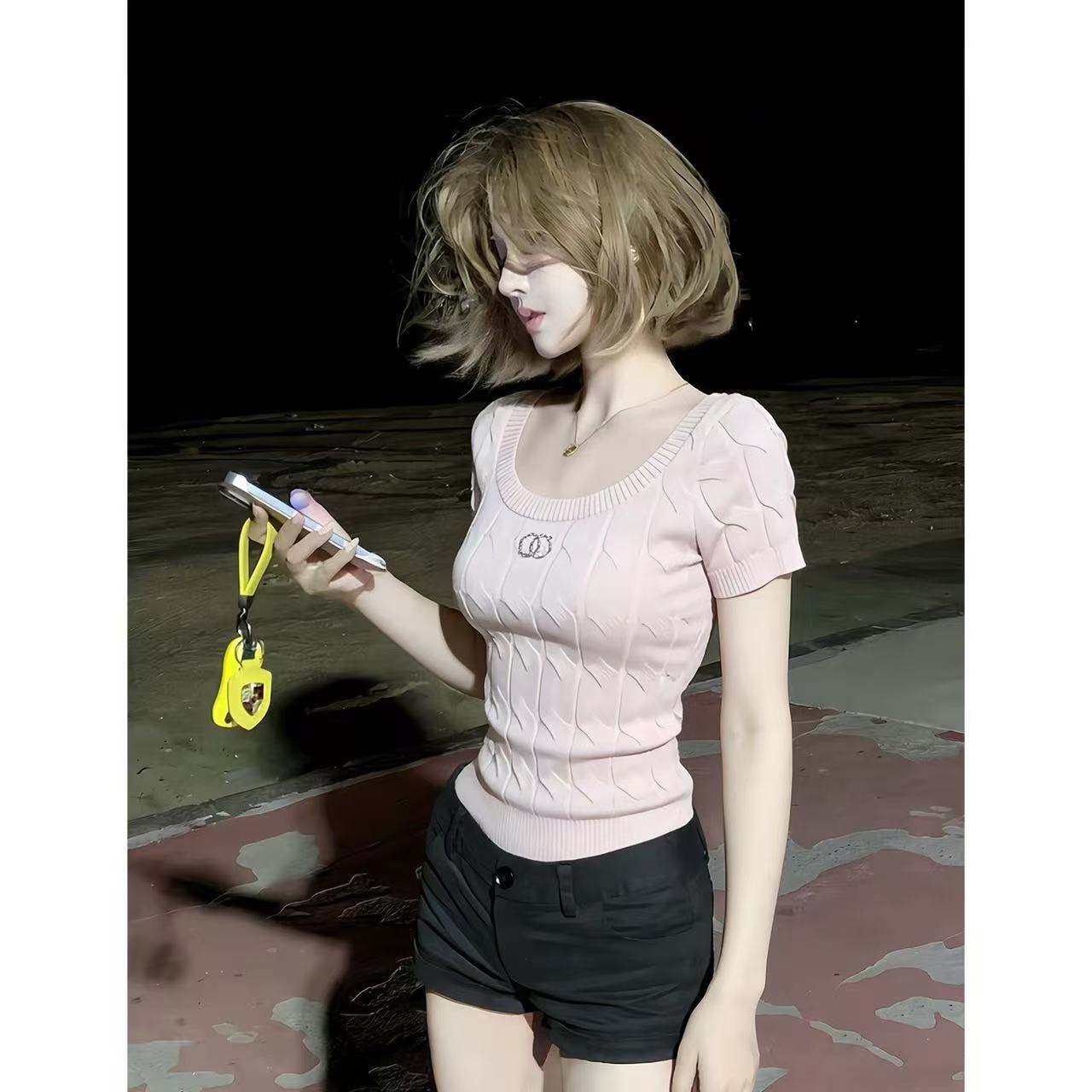 LYM STudio   粉色短袖針織衫女夏季修身短款麻花紋理氣質上衣潮