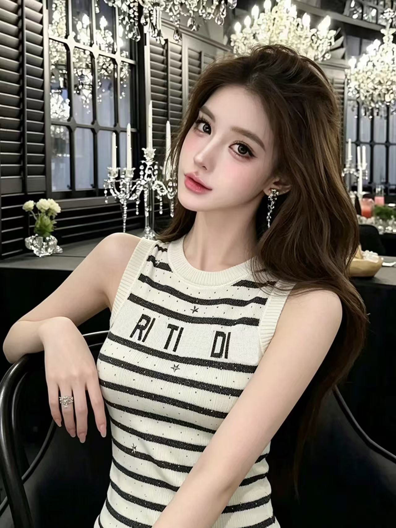LYM STudio 輕奢風條紋針織無袖T恤女夏字母修身顯瘦上衣潮