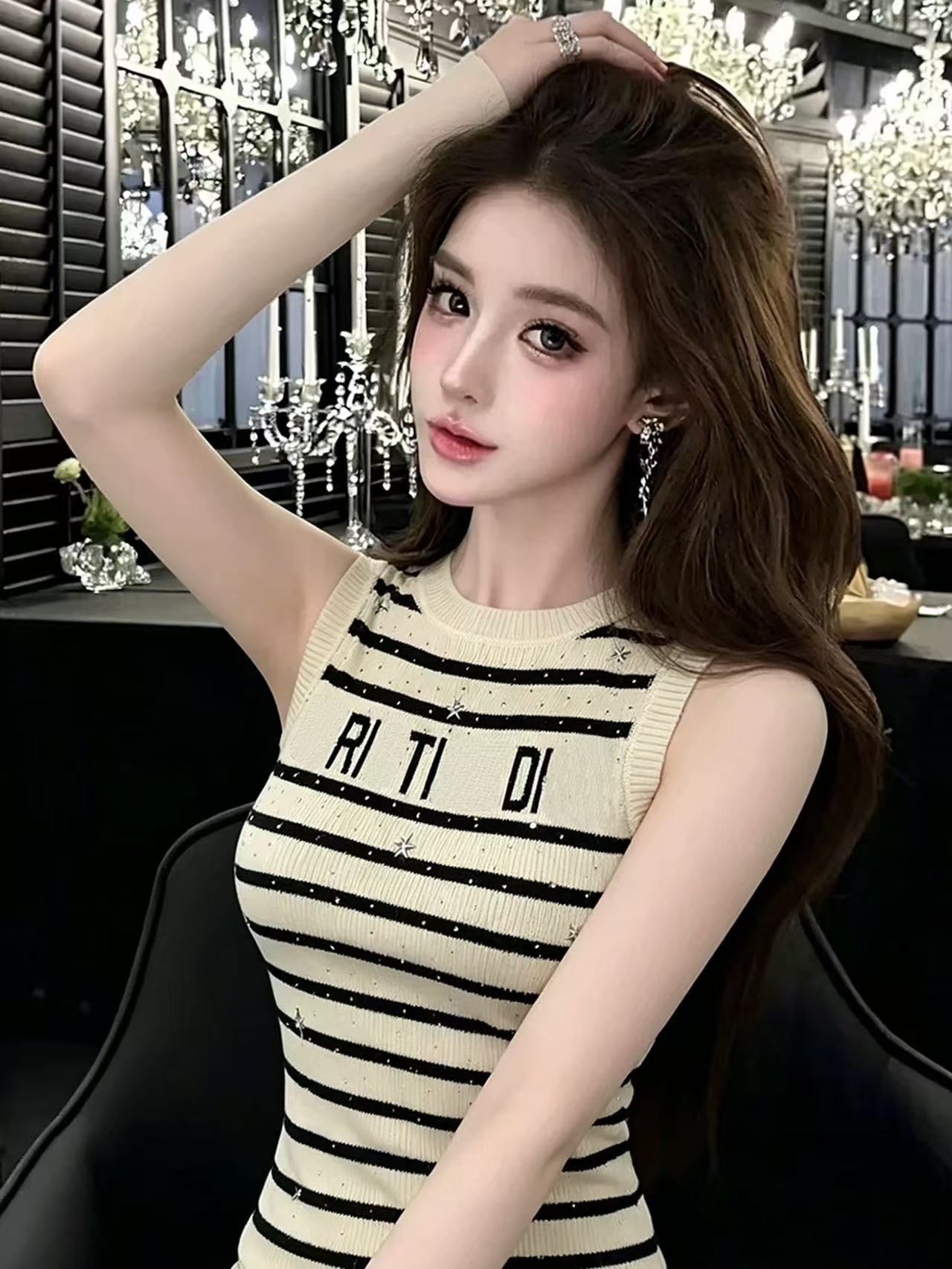 LYM STudio 輕奢風條紋針織無袖T恤女夏字母修身顯瘦上衣潮