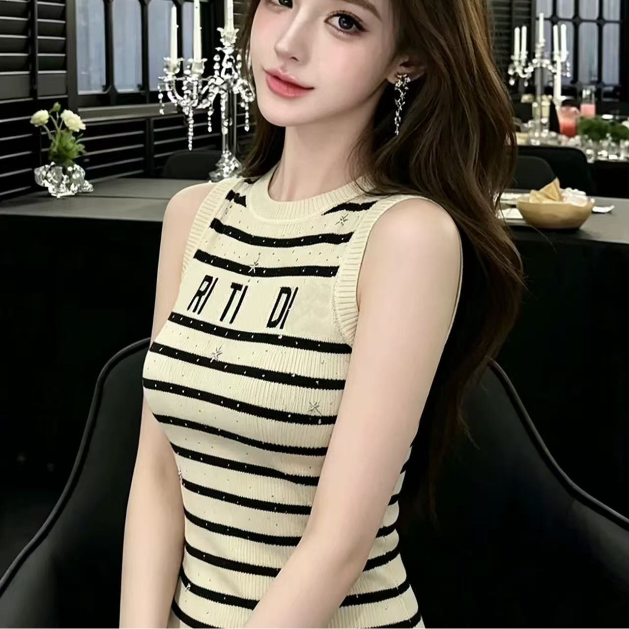 LYM STudio 輕奢風條紋針織無袖T恤女夏字母修身顯瘦上衣潮
