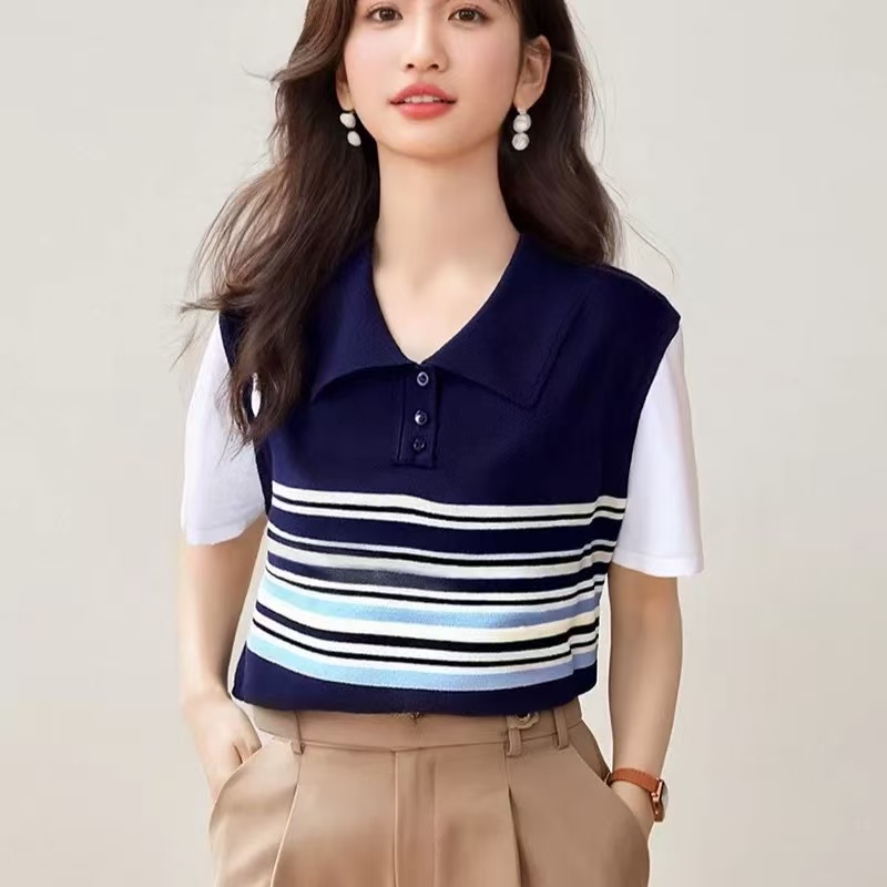 美式撞色條紋短袖針織t恤女夏季2026新款設計感小眾拼接寬松上衣