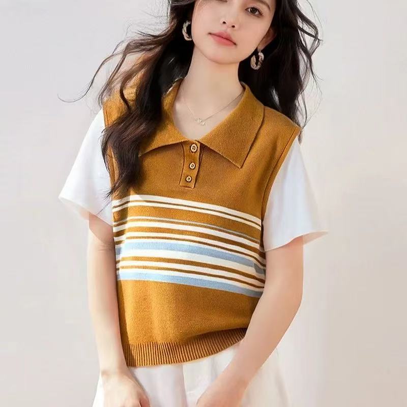 美式撞色條紋短袖針織t恤女夏季2026新款設計感小眾拼接寬松上衣