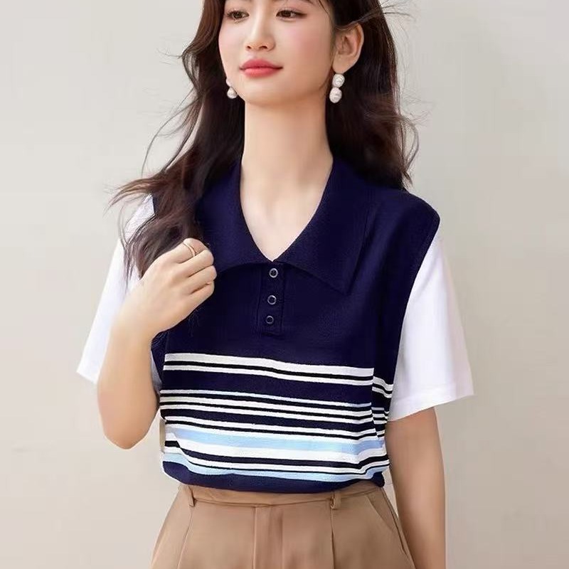 美式撞色條紋短袖針織t恤女夏季2026新款設計感小眾拼接寬松上衣