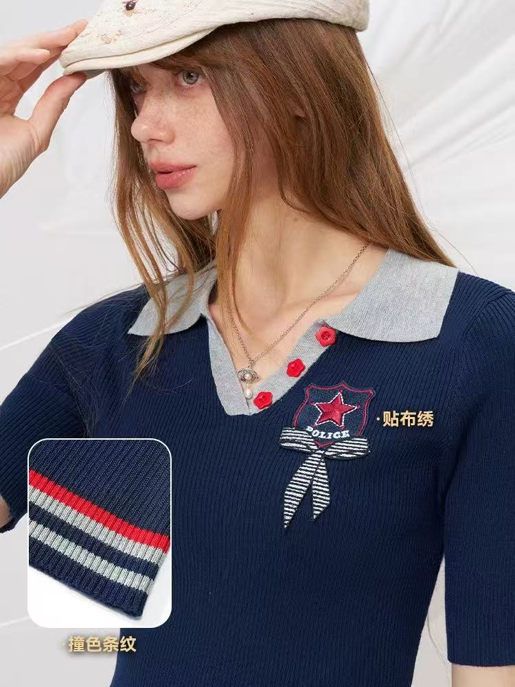 妖精的口袋美式復古撞色翻領短袖針織衫女2026年夏季新款修身上衣