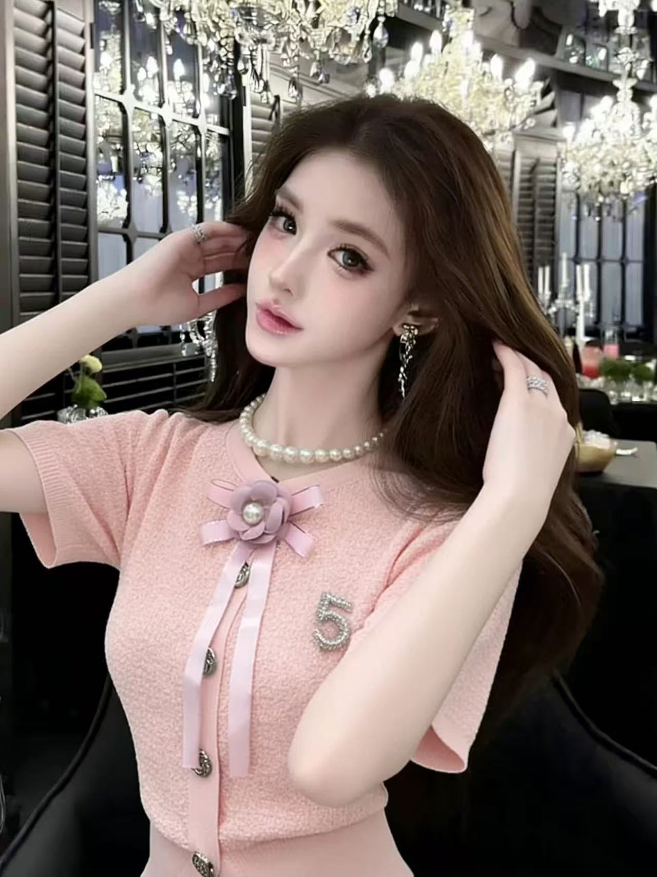 LYM STudio      蝴蝶結短袖T恤女白色珍珠裝飾修身顯瘦百搭上衣