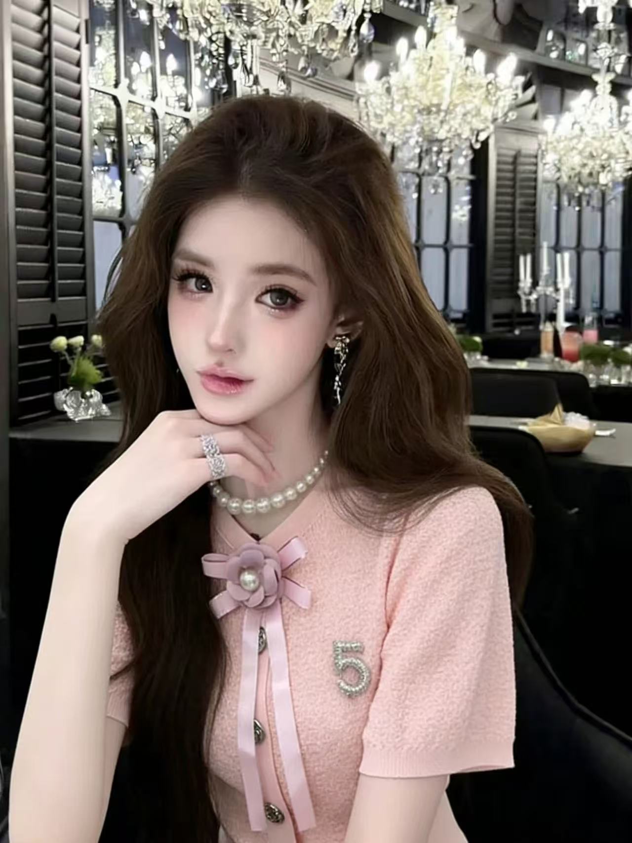 LYM STudio      蝴蝶結短袖T恤女白色珍珠裝飾修身顯瘦百搭上衣