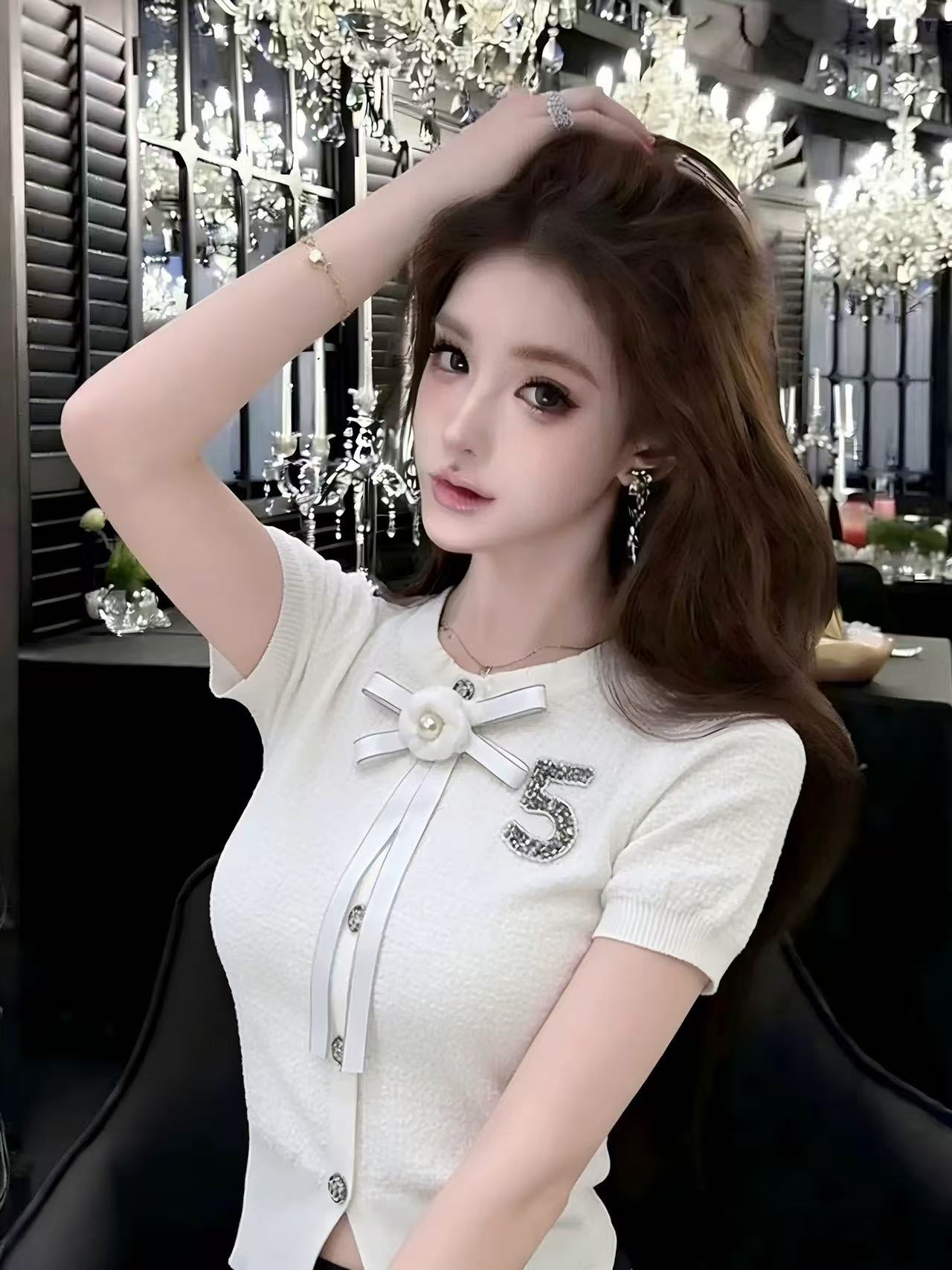 LYM STudio      蝴蝶結短袖T恤女白色珍珠裝飾修身顯瘦百搭上衣