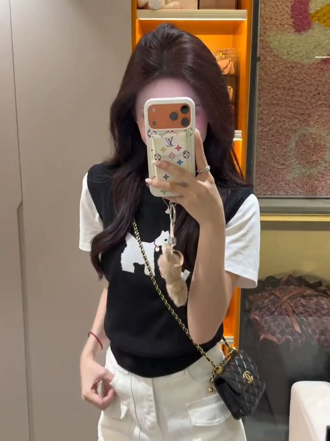 韓系黑色小狗假兩件針織短袖T恤女夏季設計感小眾獨特漂亮上衣服