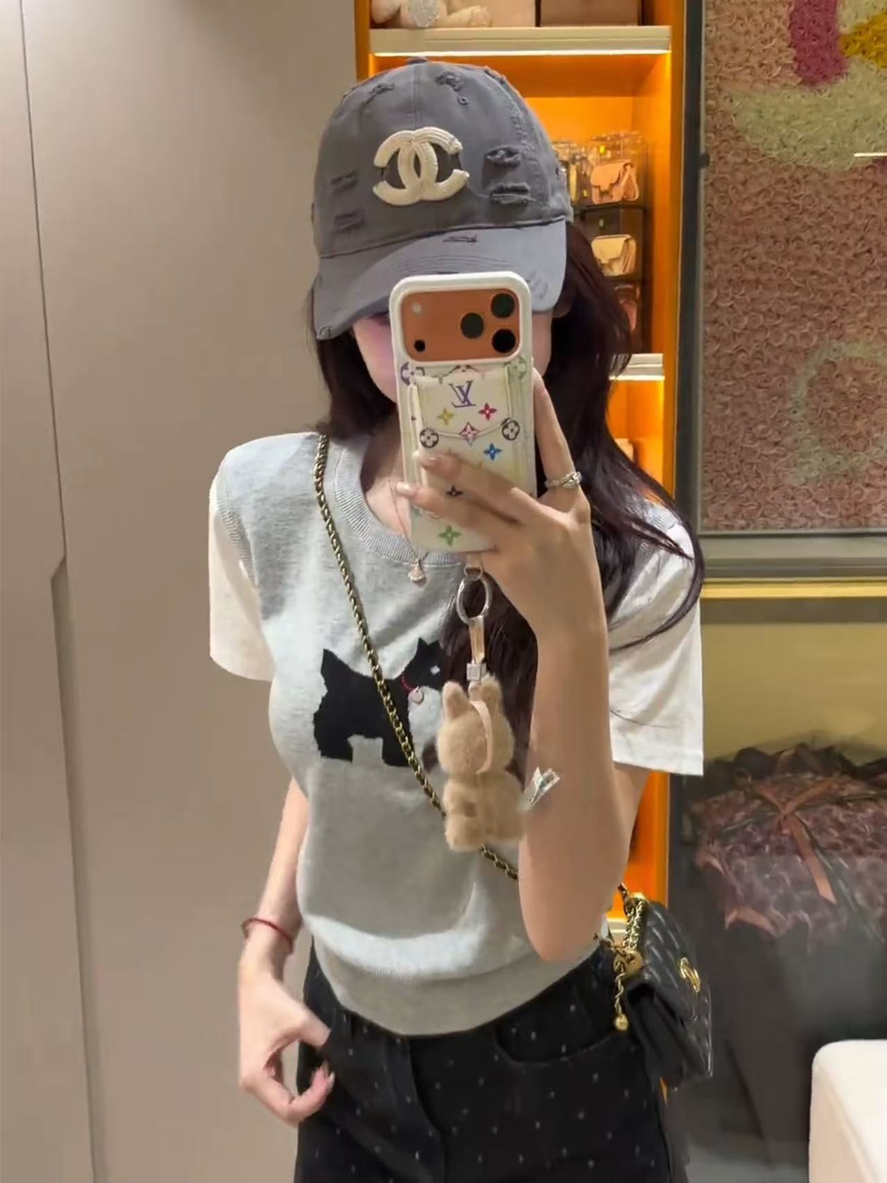 韓系黑色小狗假兩件針織短袖T恤女夏季設計感小眾獨特漂亮上衣服