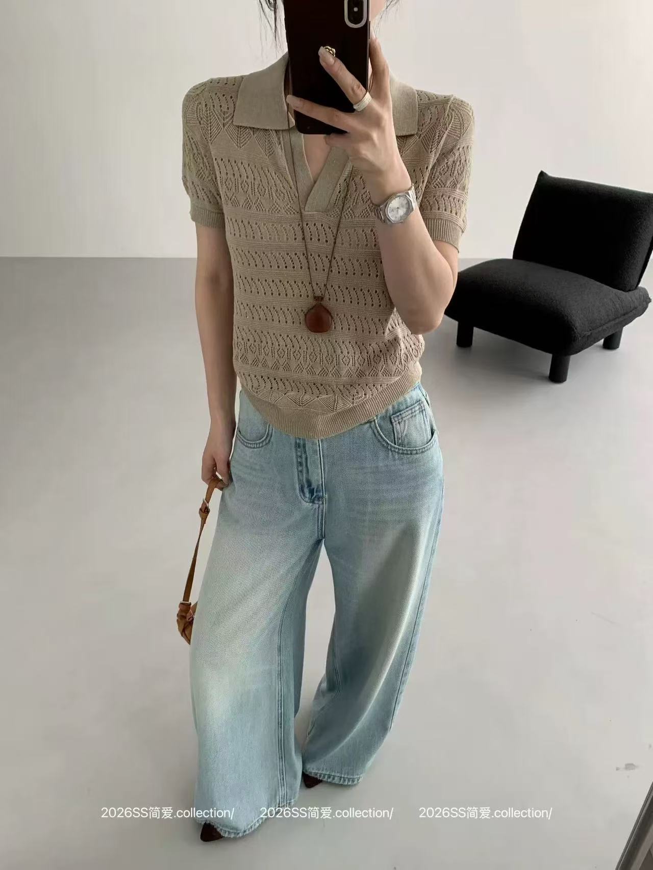 不吹牛氣質老錢風白色鏤空針織衫女短袖翻領寬松顯瘦上衣夏季薄款