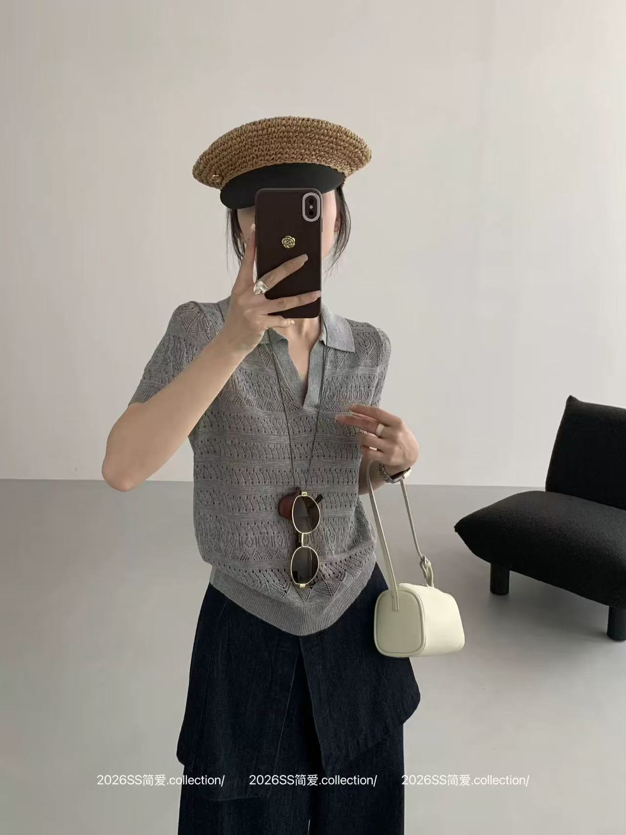 不吹牛氣質老錢風白色鏤空針織衫女短袖翻領寬松顯瘦上衣夏季薄款