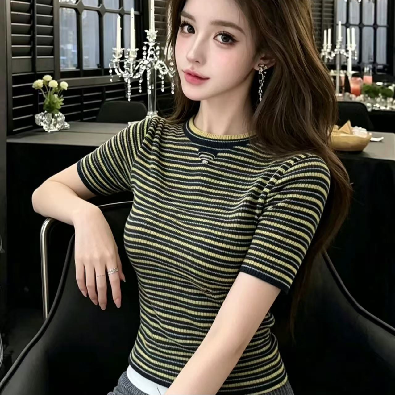 LYM STudio    條紋針織衫女短袖修身顯瘦圓領撞色上衣韓系穿搭潮