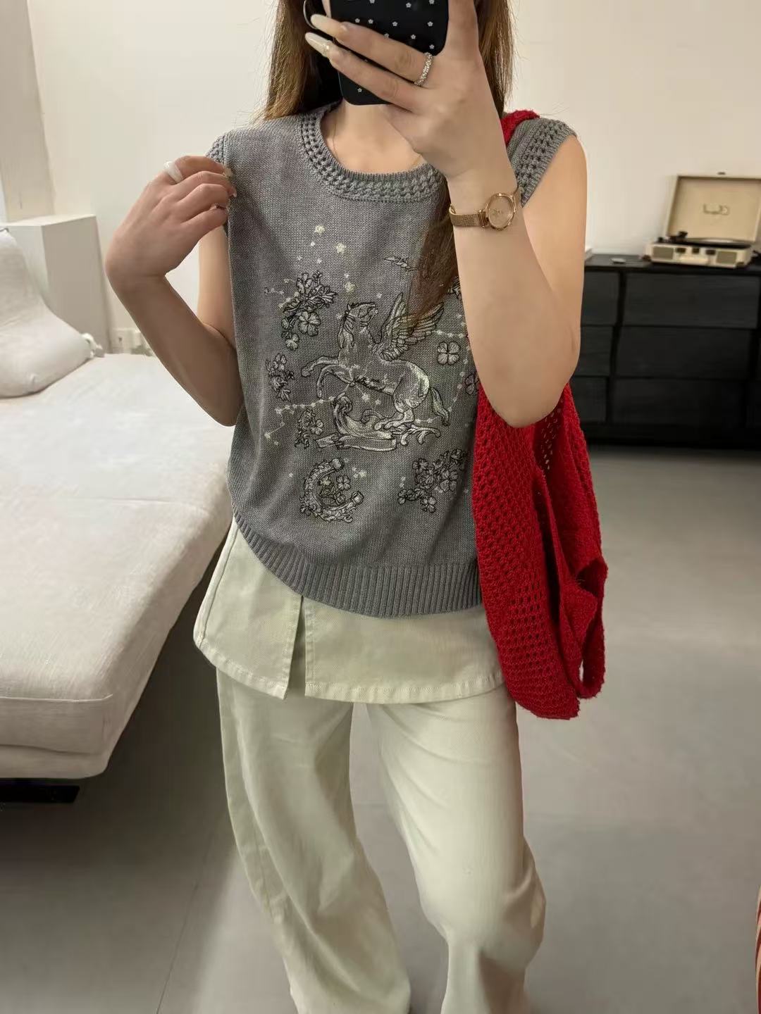 韓系復古飛馬刺繡鏤空圓領亞麻針織馬甲女 夏季薄款無袖背心上衣
