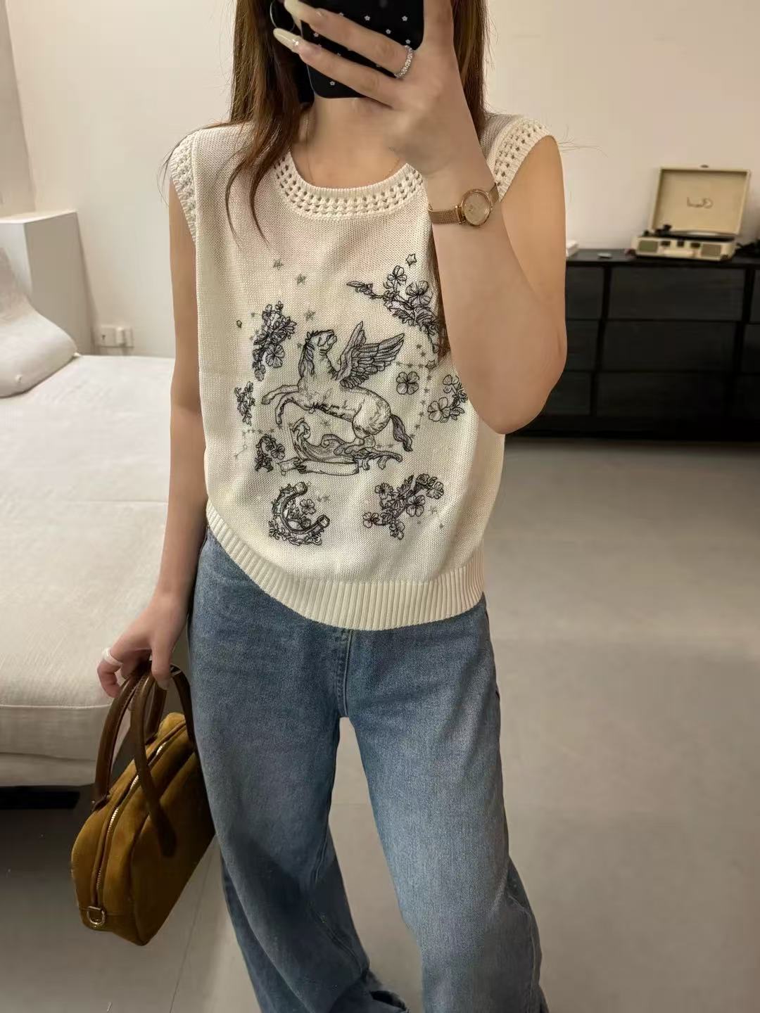 韓系復古飛馬刺繡鏤空圓領亞麻針織馬甲女 夏季薄款無袖背心上衣