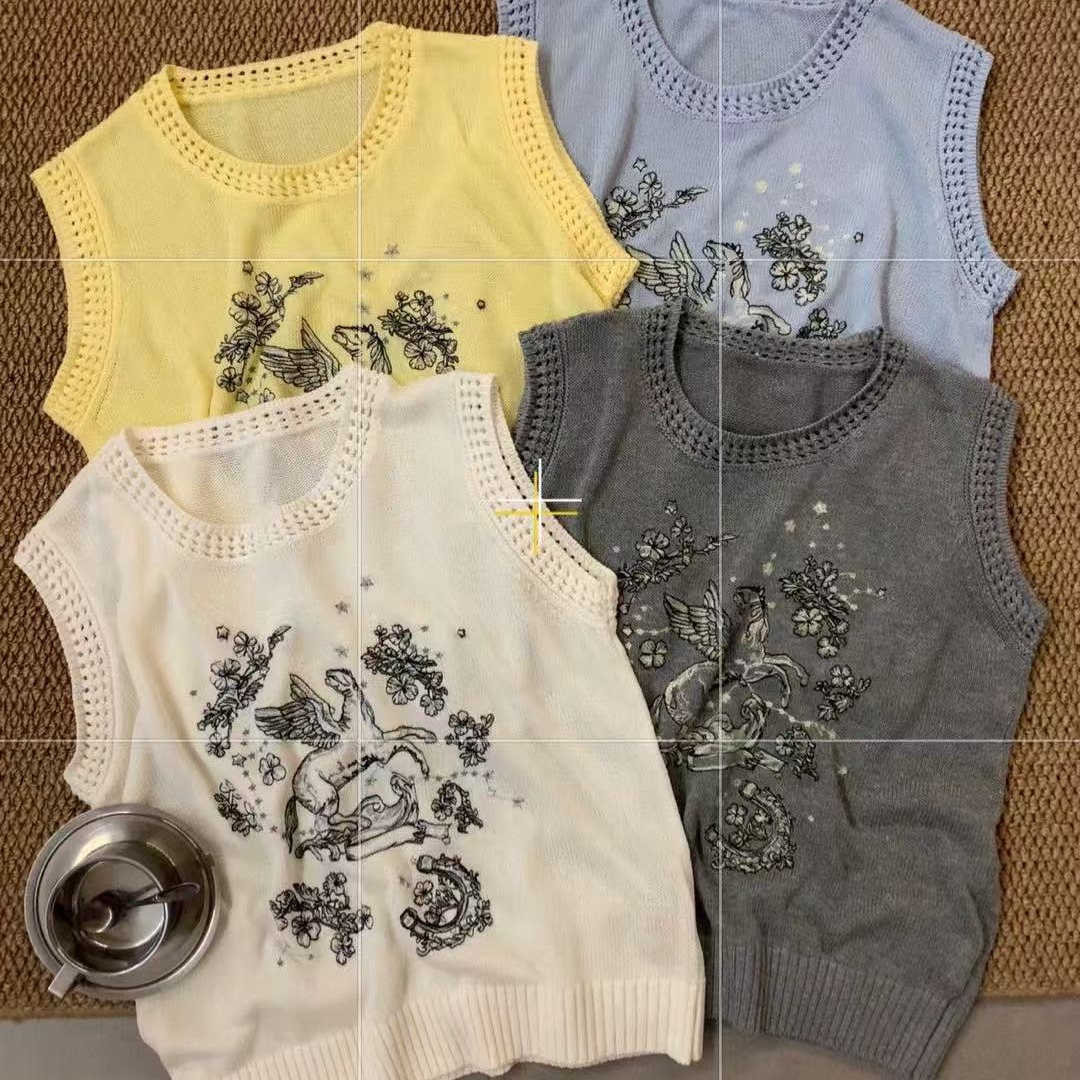 韓系復古飛馬刺繡鏤空圓領亞麻針織馬甲女 夏季薄款無袖背心上衣