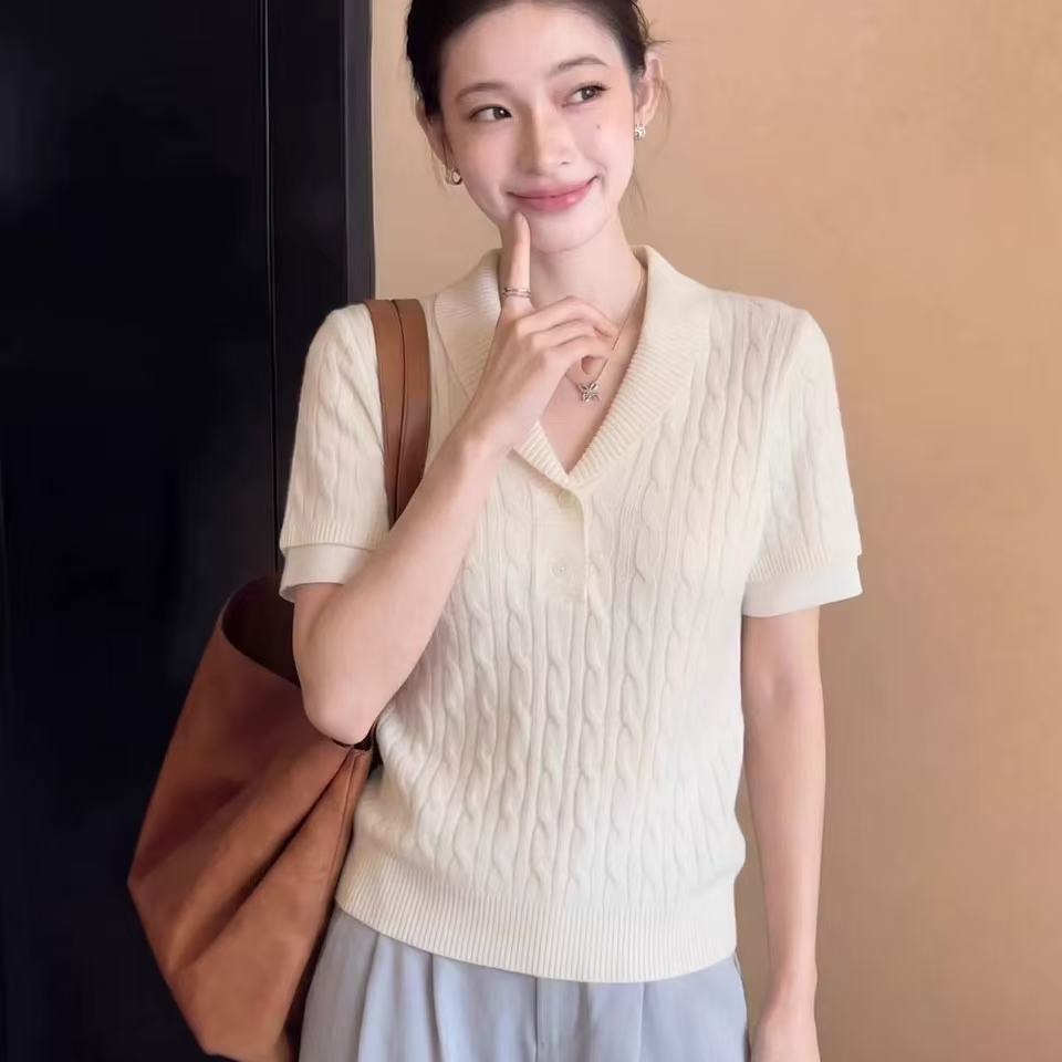 老錢風卡其色翻領針織短袖t恤女夏季修身氣質獨特漂亮巨好看上衣