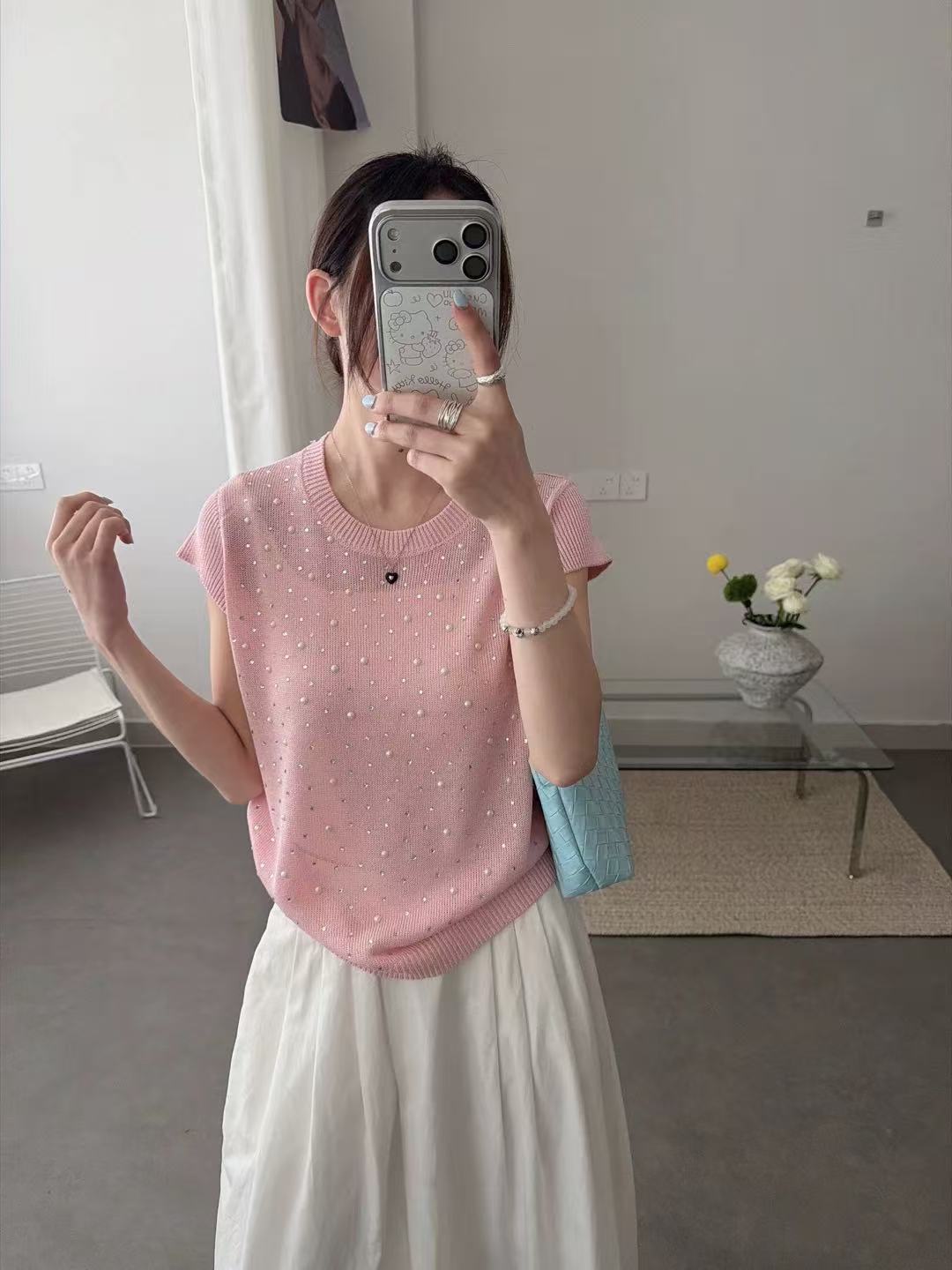 2026夏季新款韓系寬松顯瘦圓領燙鉆亞麻針織無袖女百搭薄款上衣潮