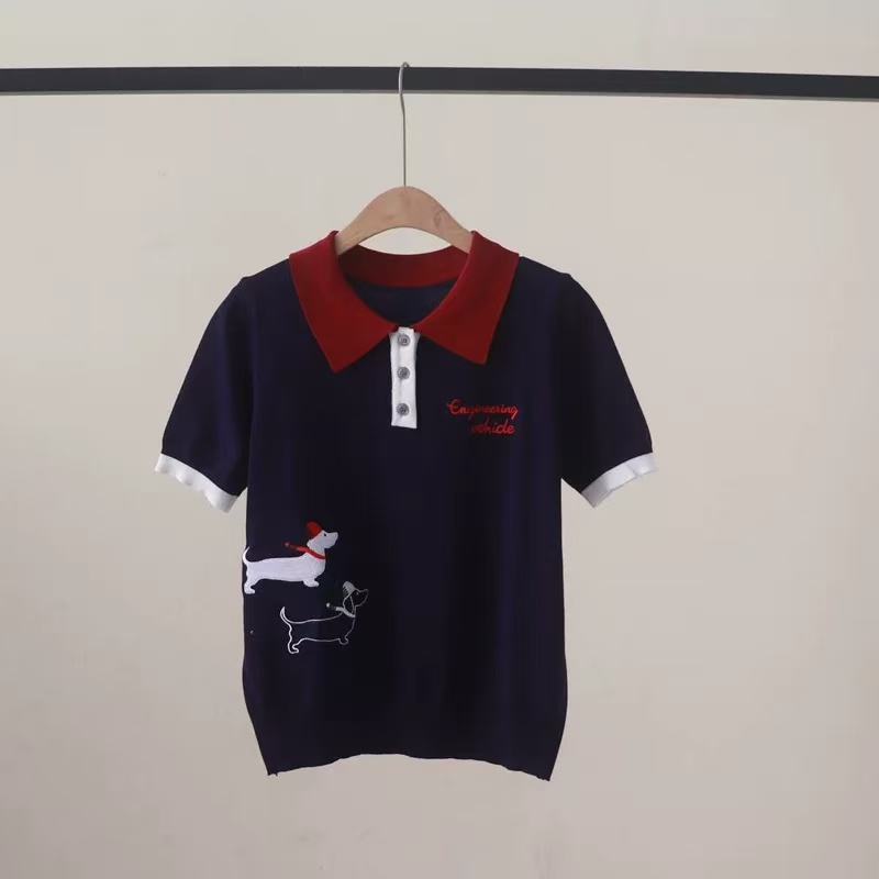夏季新款風胸前小狗字母刺繡polo領拼色短袖套頭針織上衣