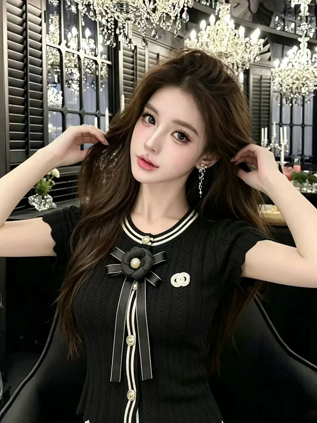 LYM STudio     黑色短袖T恤女蝴蝶結珍珠裝飾修身顯瘦氣質上衣潮