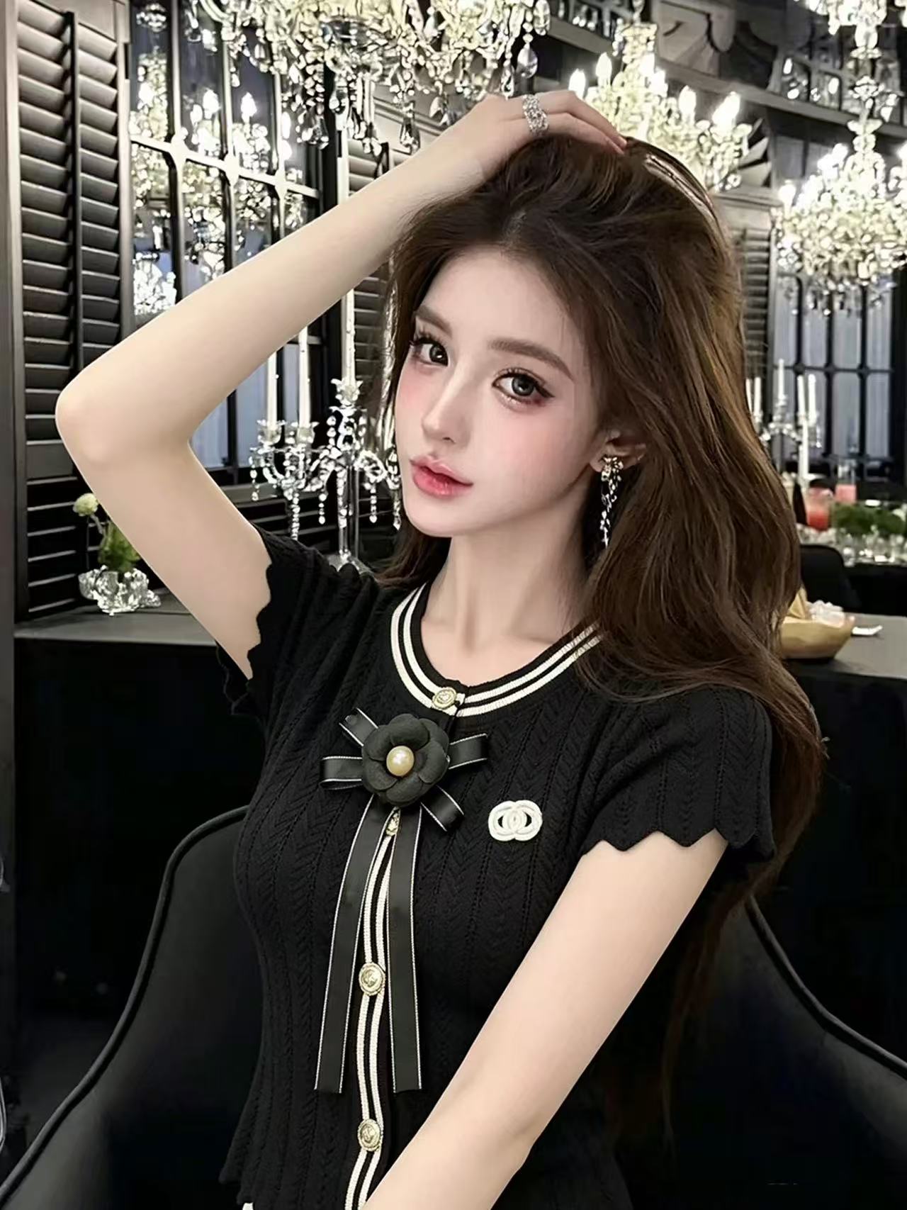 LYM STudio     黑色短袖T恤女蝴蝶結珍珠裝飾修身顯瘦氣質上衣潮