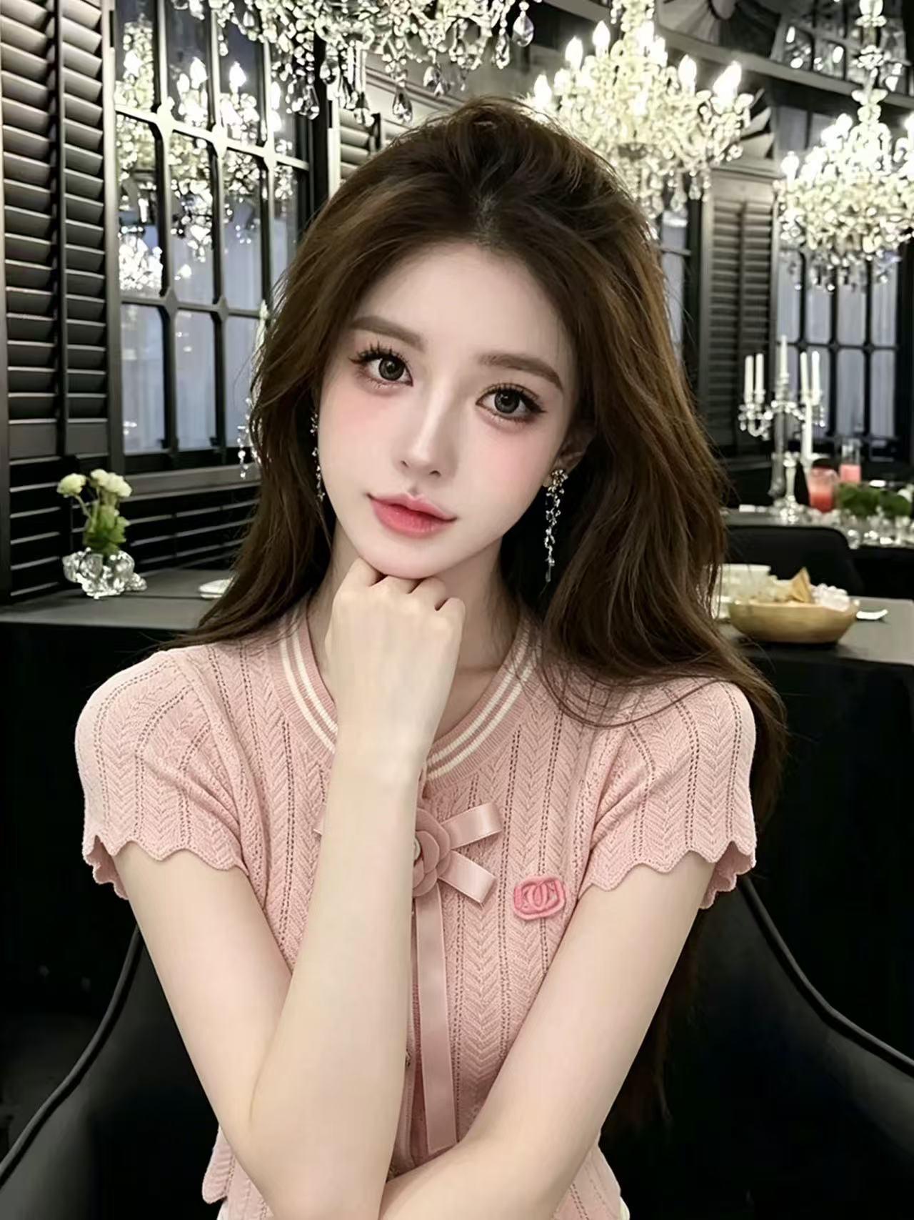 LYM STudio     黑色短袖T恤女蝴蝶結珍珠裝飾修身顯瘦氣質上衣潮