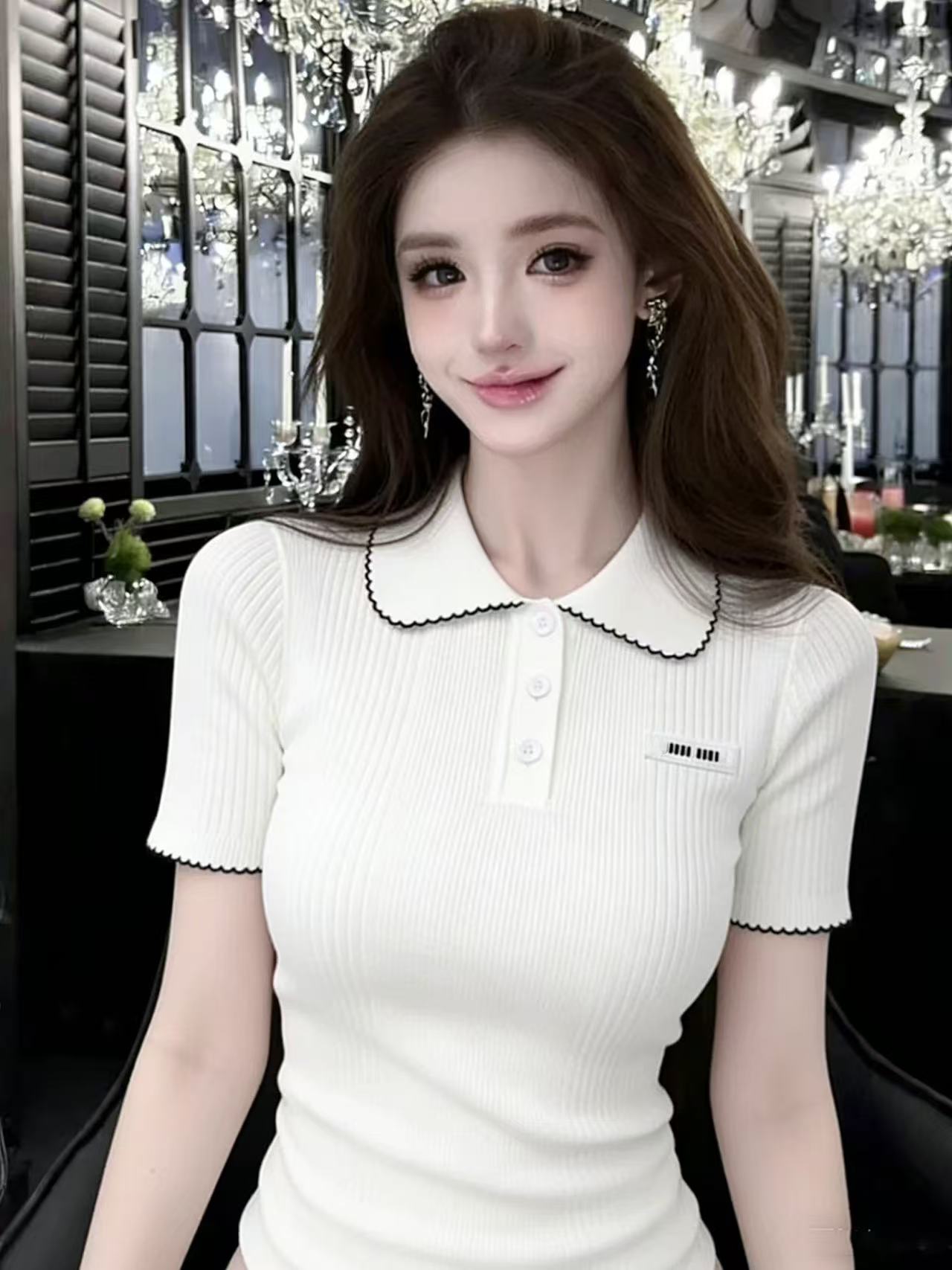 LYM STudio 學院風miu系撞色翻領針織衫短袖修身百搭氣質短款上衣
