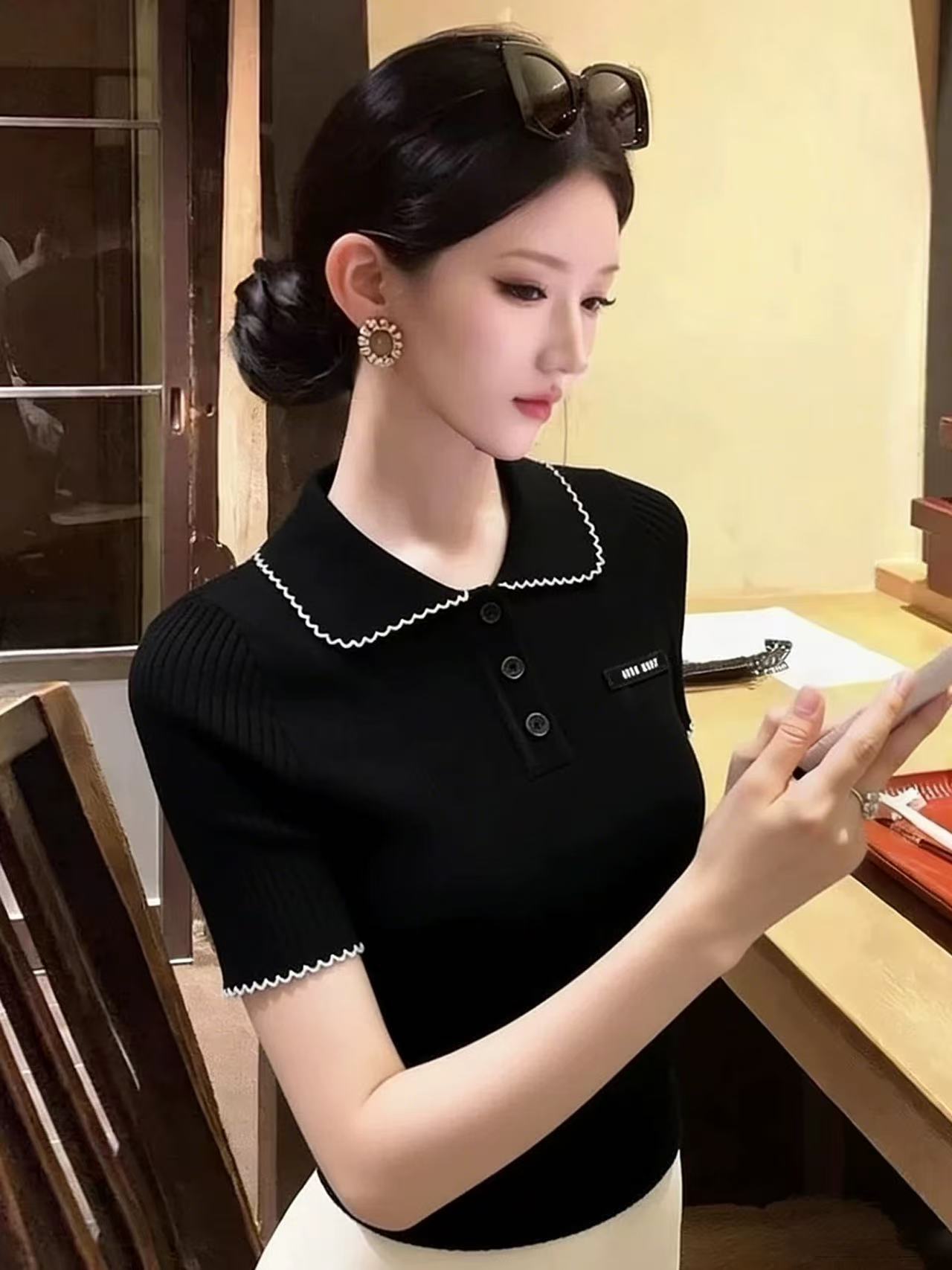 LYM STudio 學院風miu系撞色翻領針織衫短袖修身百搭氣質短款上衣