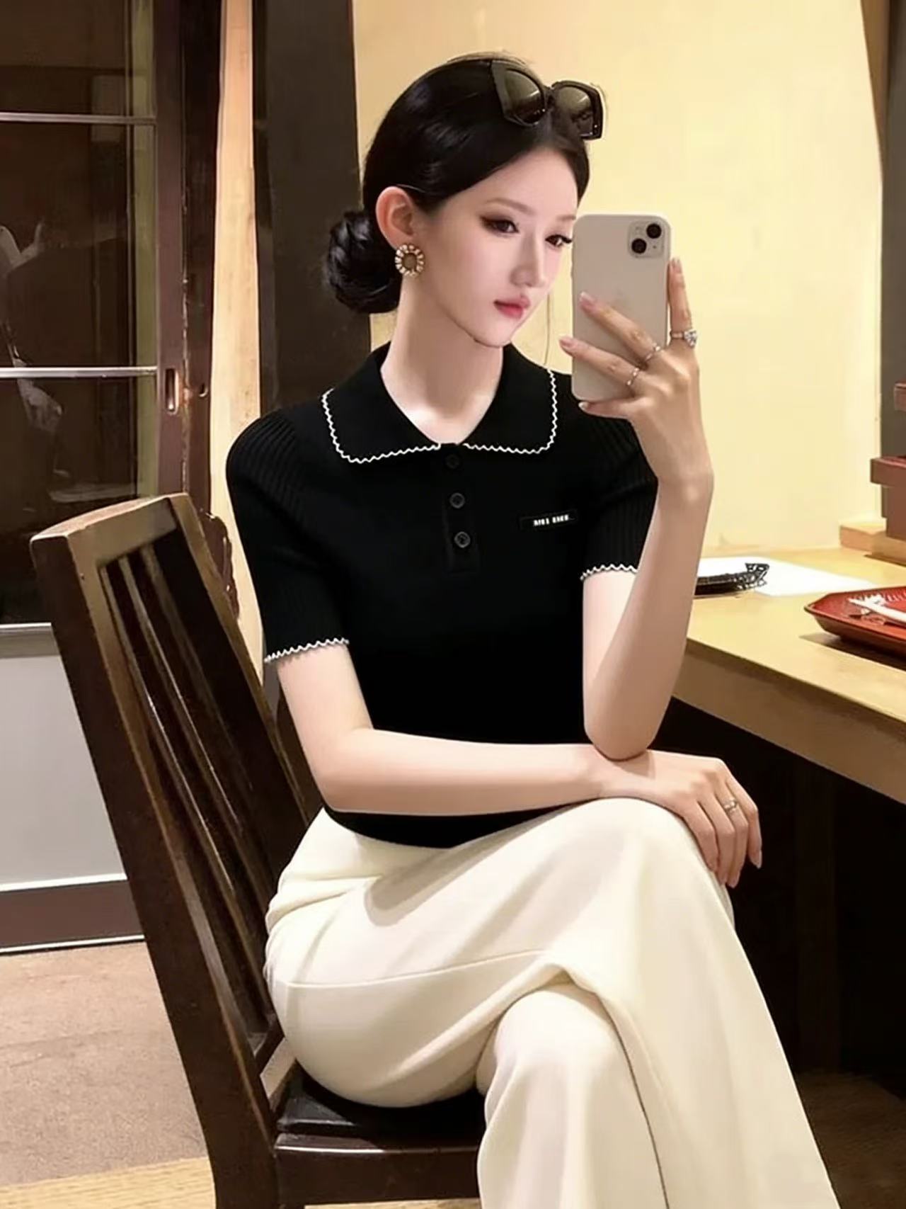 LYM STudio 學院風miu系撞色翻領針織衫短袖修身百搭氣質短款上衣