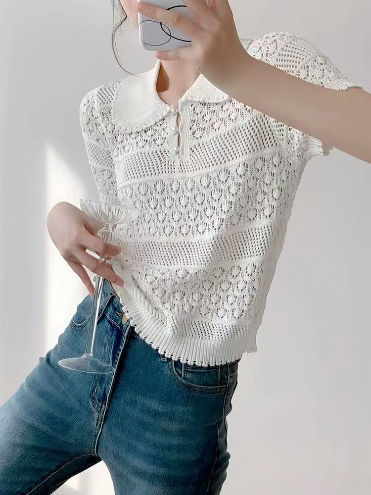 白色鏤空冰絲針織短袖女夏季薄款法式獨特絕美娃娃領短款甜辣上衣