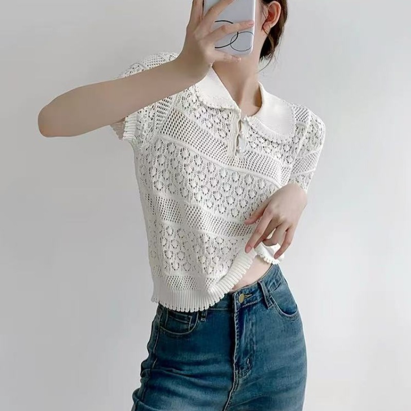白色鏤空冰絲針織短袖女夏季薄款法式獨特絕美娃娃領短款甜辣上衣
