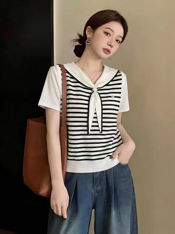 海軍領條紋針織正肩短袖T恤女2026夏新款大碼胖mm慵懶風減齡上衣
